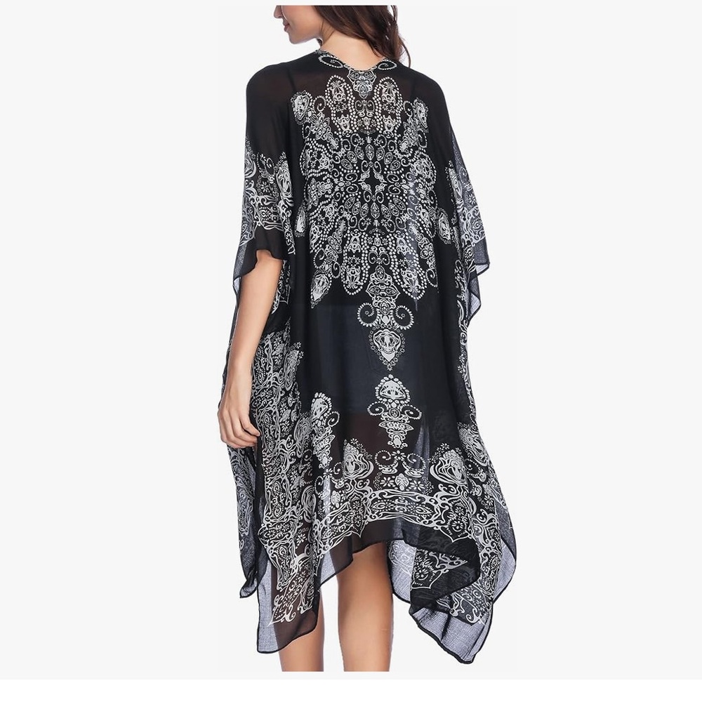 Moss Rose Elegant Black and White Boho Swim Coverup